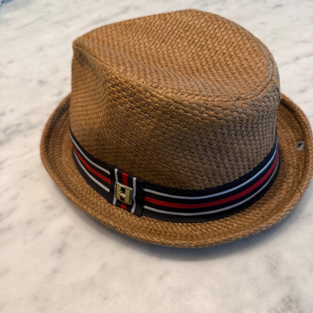 Peter Grimm Brown Paper Straw Fedora Hat Striped Band Rabbit Pin Mens‎ S/M